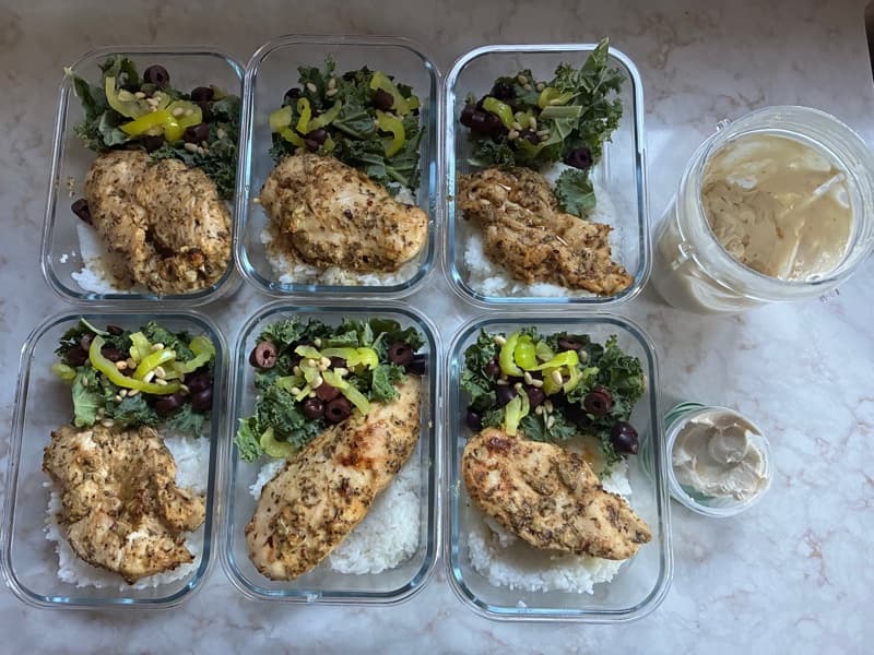 Greek Dijon Chicken & Tahini Feta Bowls